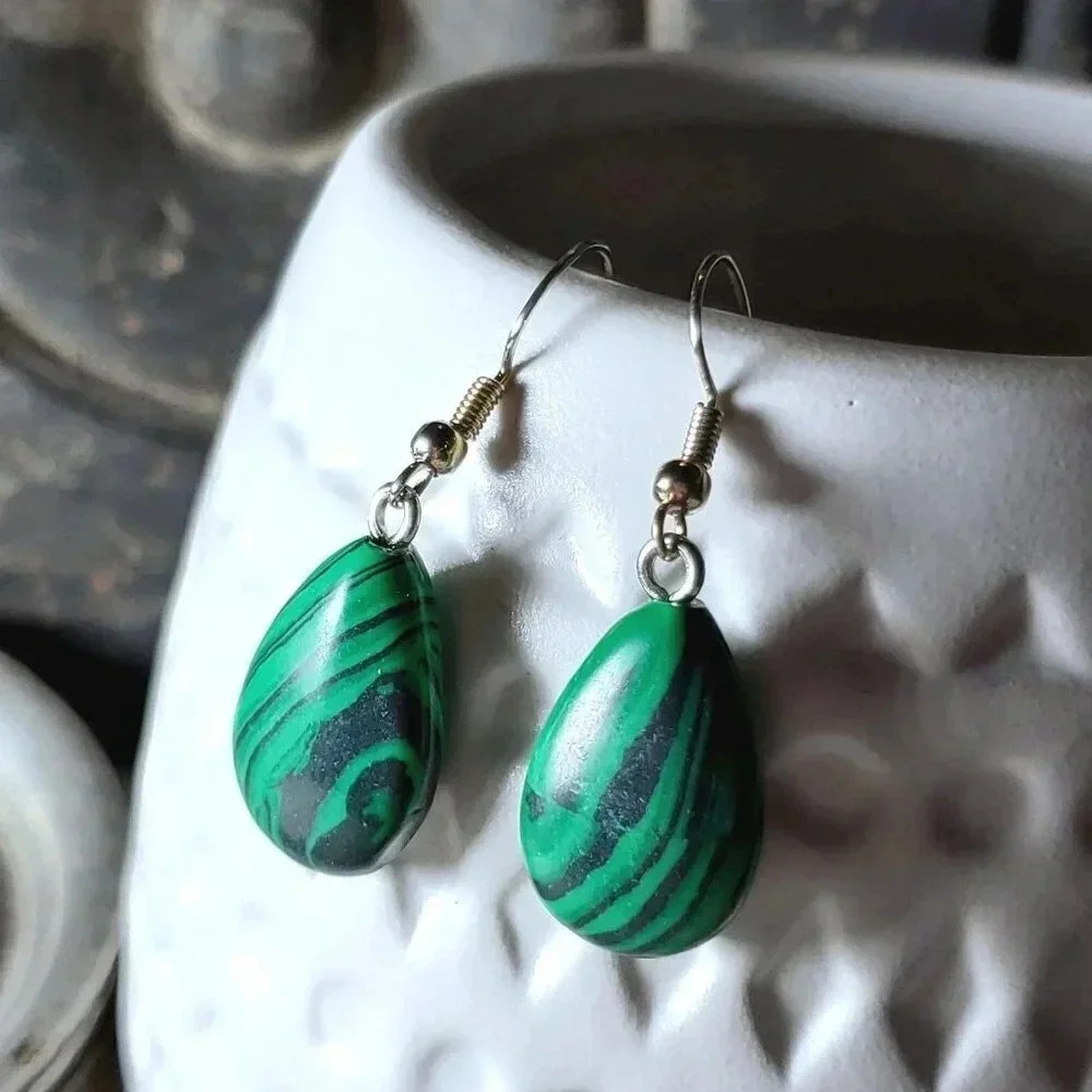 Malachite Gemstone Puffed Teardrop Handcrafted Green Silver Dangle Earrings